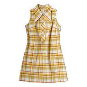 70s vintage plaid mini dress with pointed dagger collar sleeveless St Michael.
